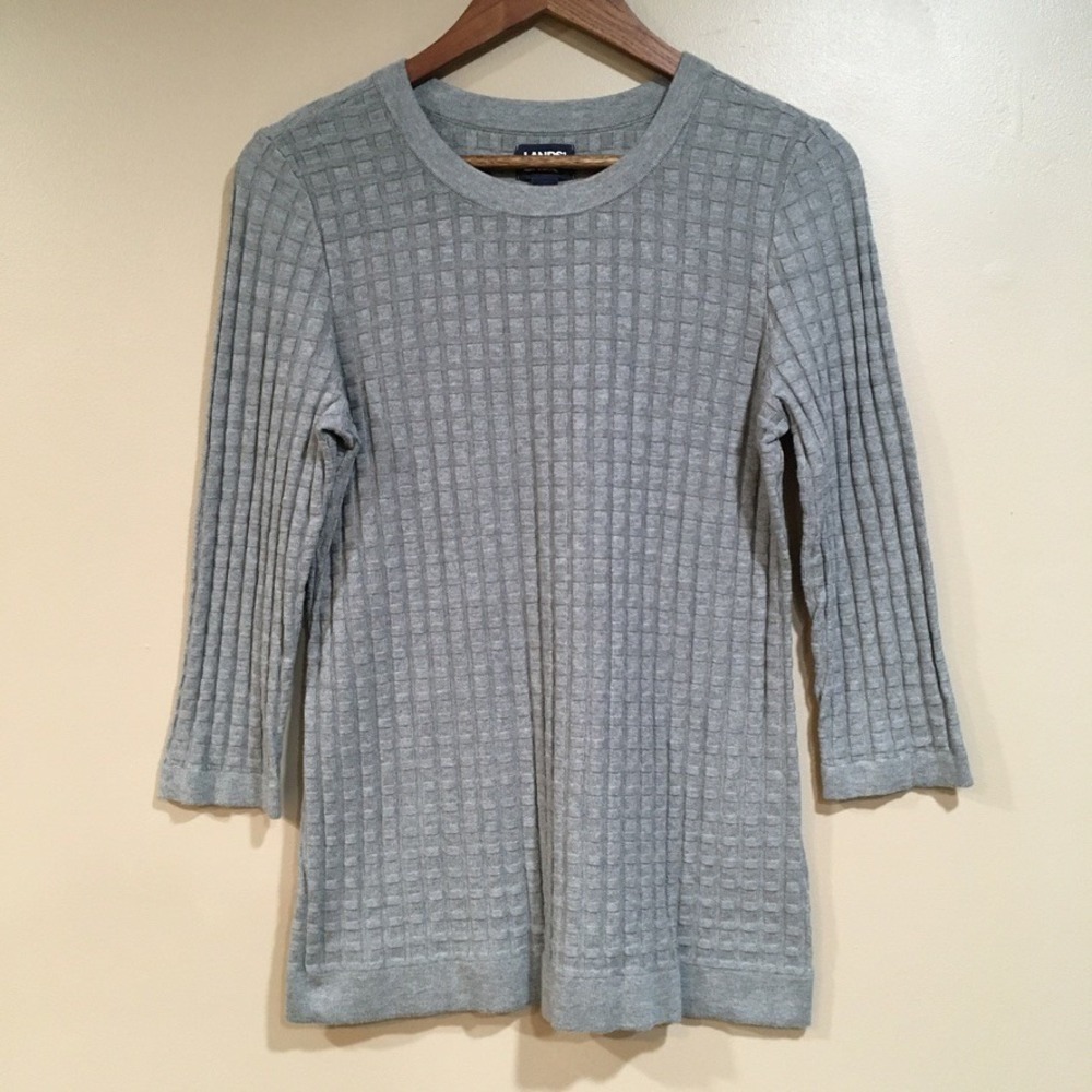 Lands End Textured Knit Sweater Womens S Gray 3/4 Sleeve Neutral Layering Basic‎